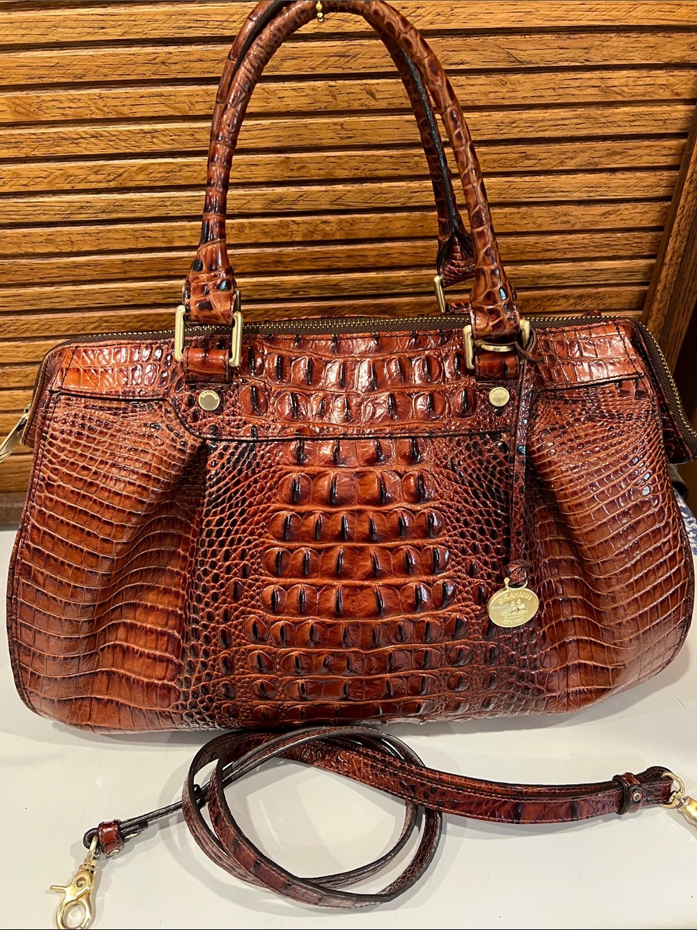 EUC Brahmin Satchel in Pecan Melbourne Croc Embossed Leather Luxury bag, purse